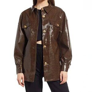 Open Edit Brown Croc Embossed Faux Leather Shirt Size XS
